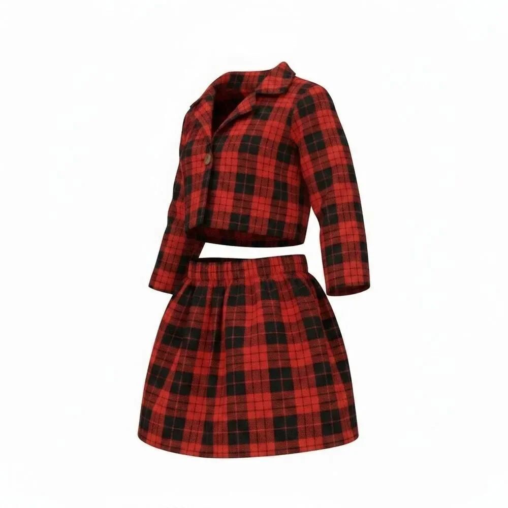 Shein Girls Red Plaid 2 pc. Set: Crop Jacket & Skirt Outfit - Size: 6Y